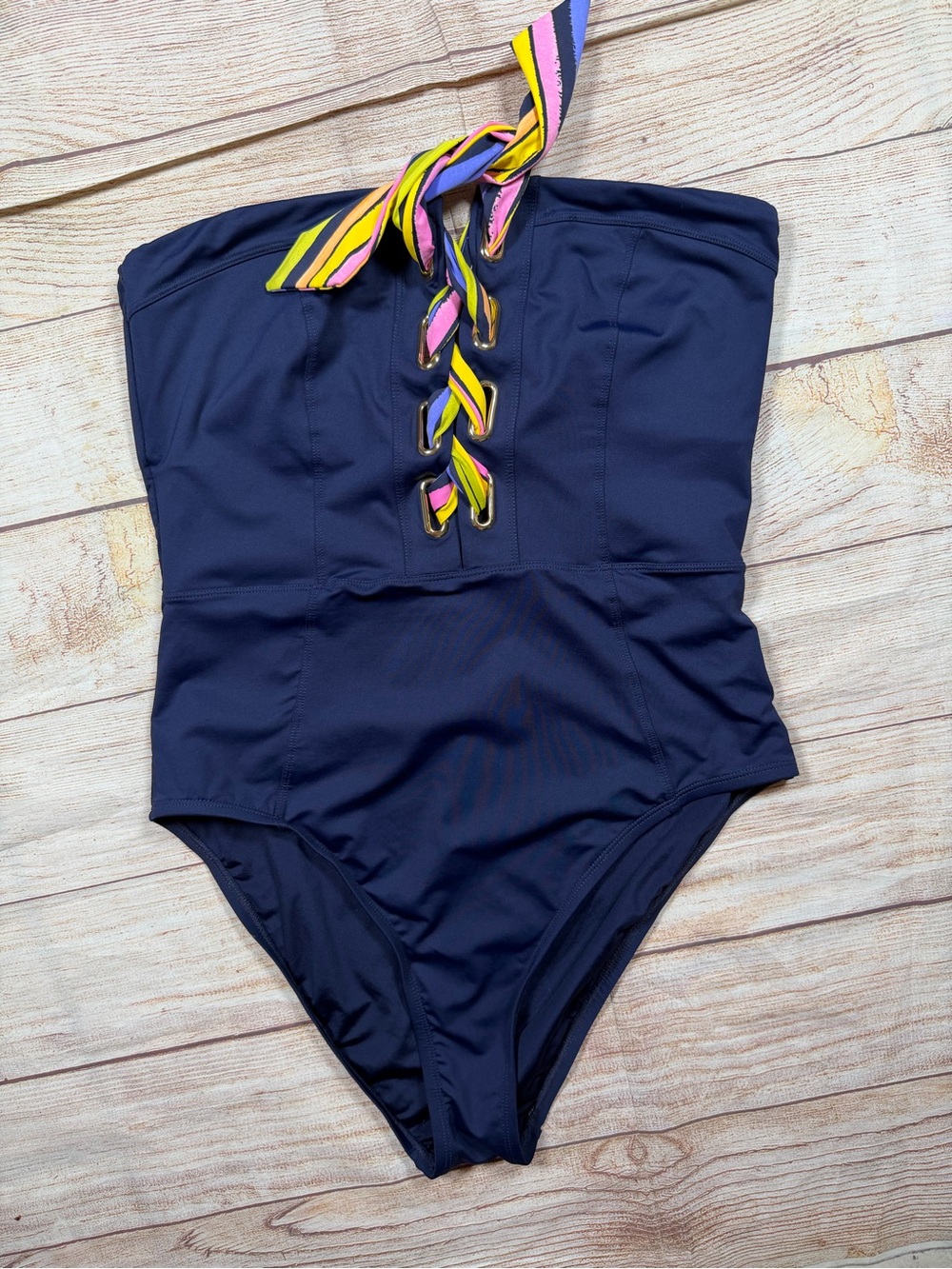 Trina Turk Navy Strapless Swimsuit with Rainbow Lace Accent‎